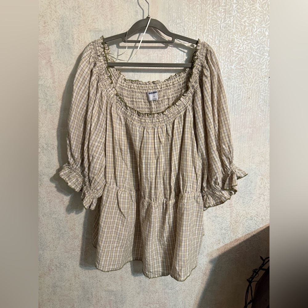 Old Navy Plaid Cream Peplum Blouse, Smocked Back, Puffed Sleeved Cotton Blend,4x